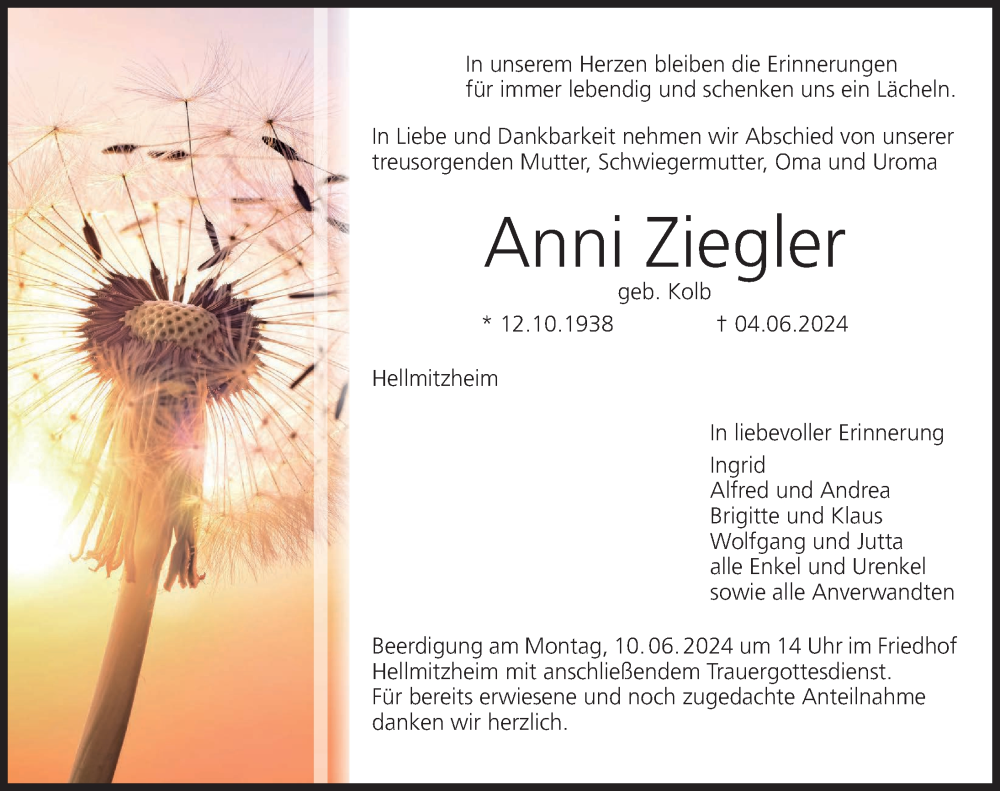  Traueranzeige für Anni Ziegler vom 07.06.2024 aus MGO