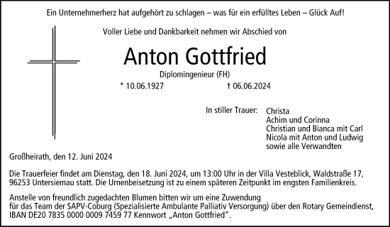 Anzeige von Anton Gottfried von MGO