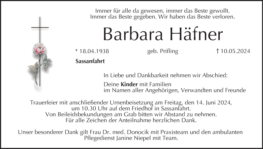  Traueranzeige für Barbara Häfner vom 08.06.2024 aus MGO