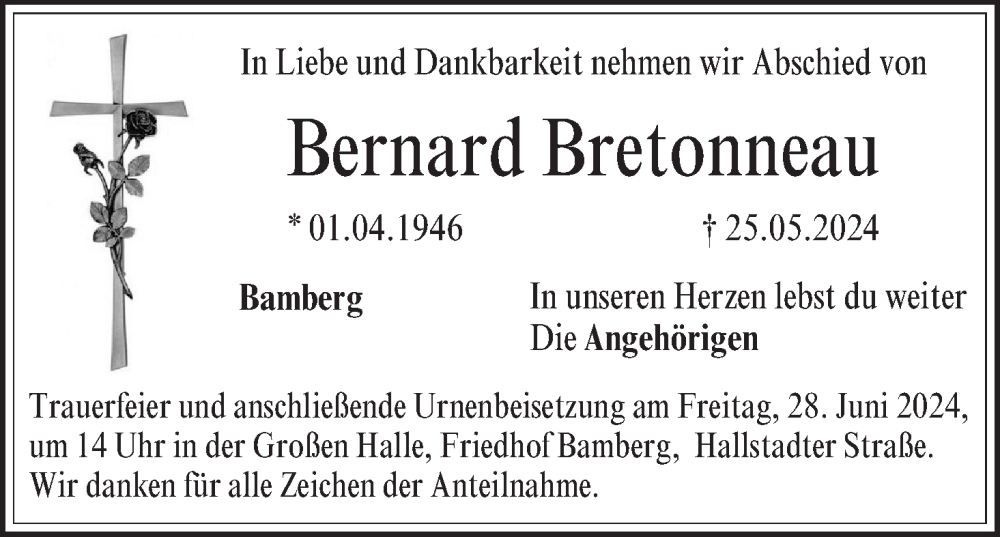  Traueranzeige für Bernard Bretonneau vom 22.06.2024 aus MGO