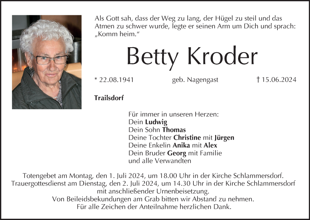  Traueranzeige für Betty Kroder vom 29.06.2024 aus MGO