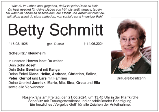 Anzeige von Betty Schmitt von MGO