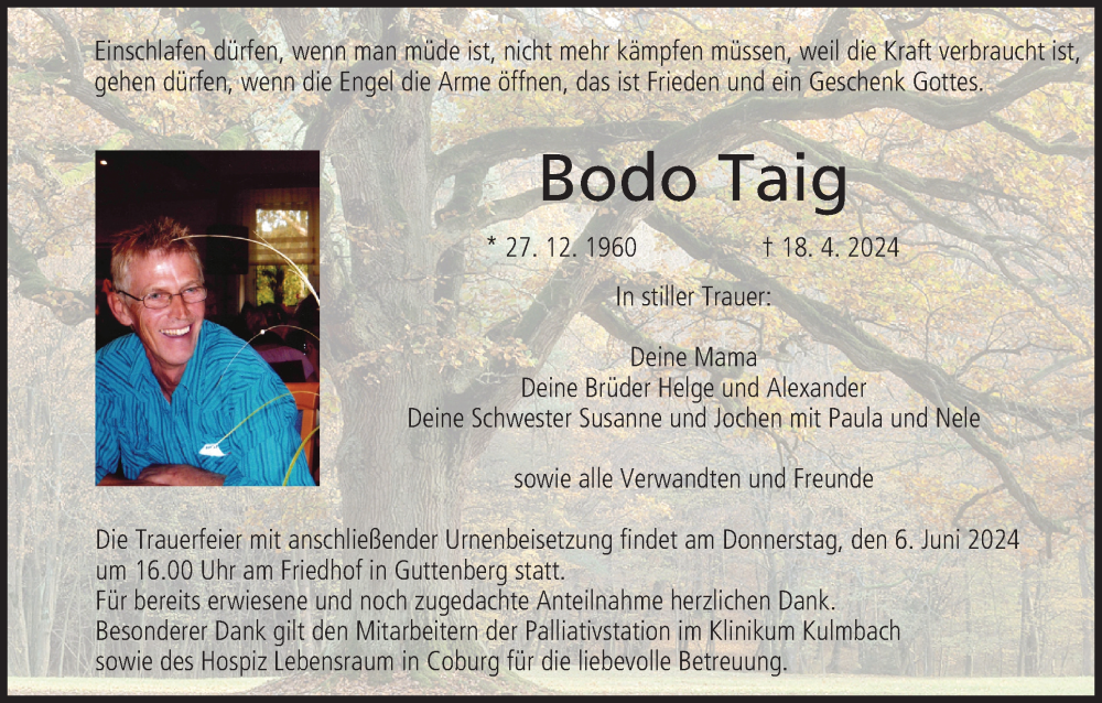  Traueranzeige für Bodo Taig vom 01.06.2024 aus MGO