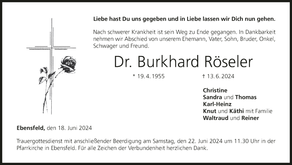  Traueranzeige für Burkhard Röseler vom 18.06.2024 aus MGO