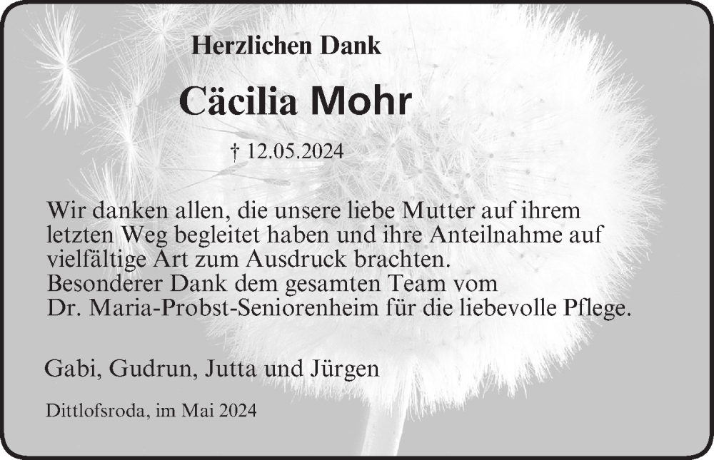  Traueranzeige für Cäcilia Mohr vom 22.06.2024 aus MGO