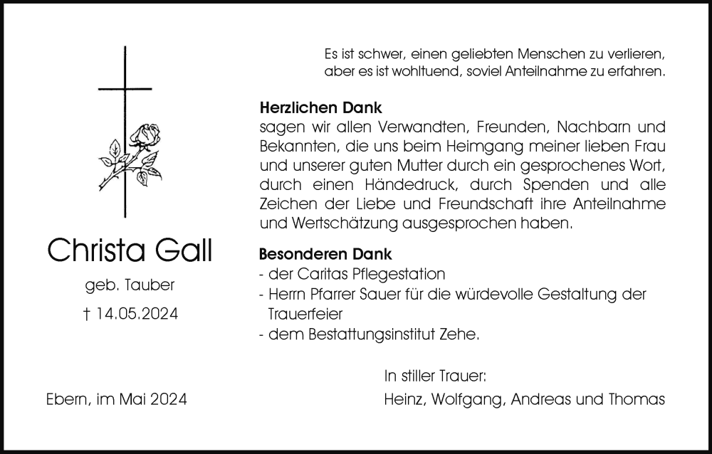  Traueranzeige für Christa Gall vom 01.06.2024 aus MGO