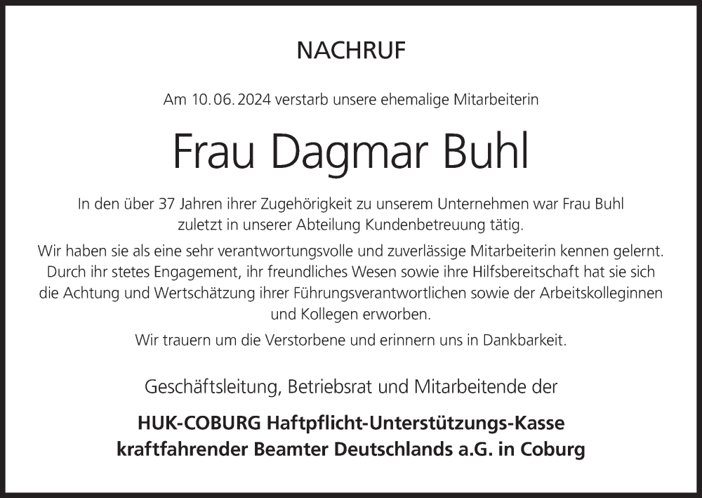  Traueranzeige für Dagmar Buhl vom 15.06.2024 aus MGO