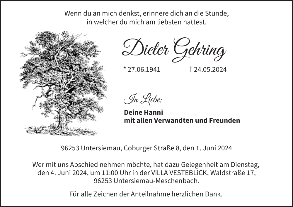  Traueranzeige für Dieter Gehring vom 01.06.2024 aus MGO