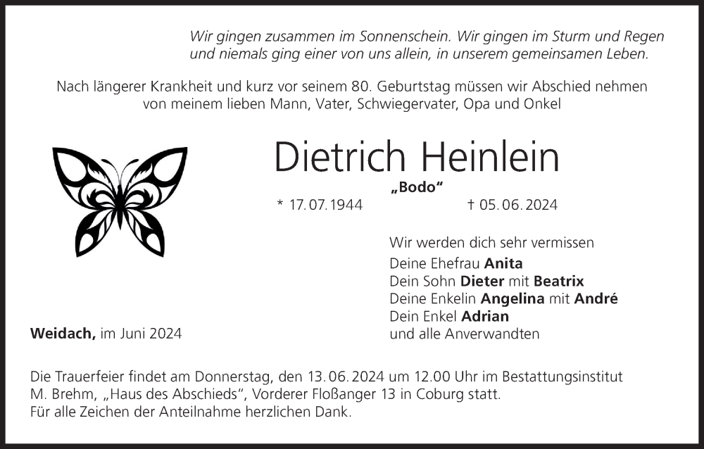  Traueranzeige für Dietrich Heinlein vom 08.06.2024 aus MGO