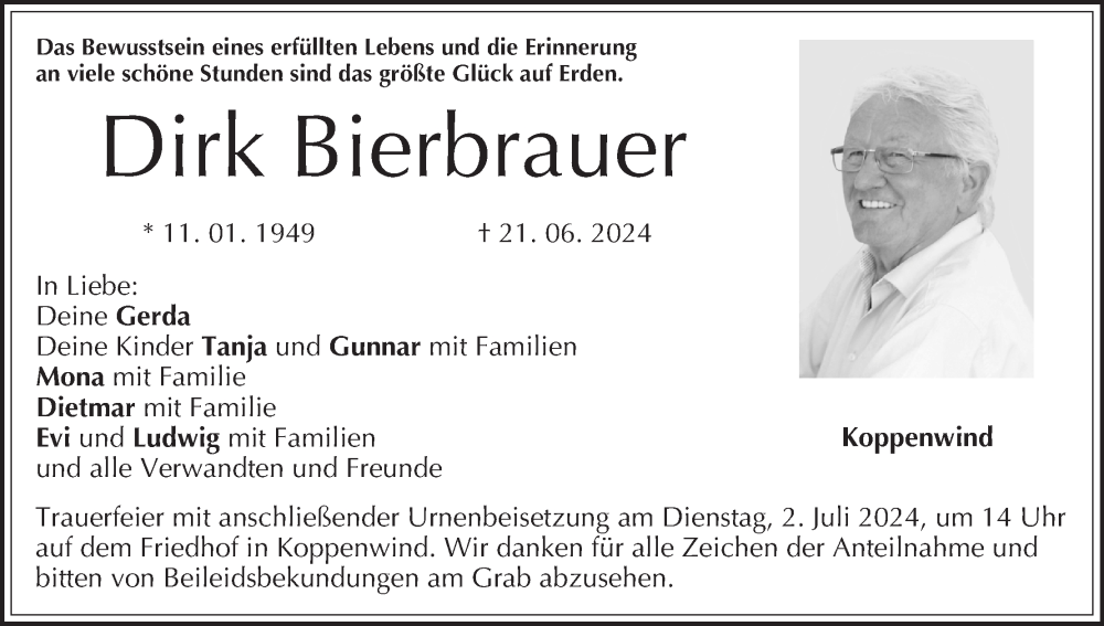 Traueranzeige für Dirk Bierbrauer vom 28.06.2024 aus MGO