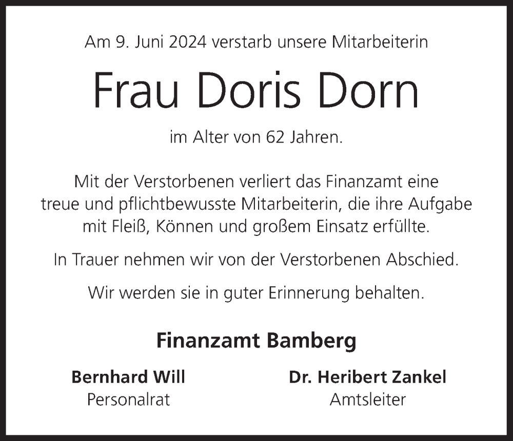  Traueranzeige für Doris Dorn vom 15.06.2024 aus MGO