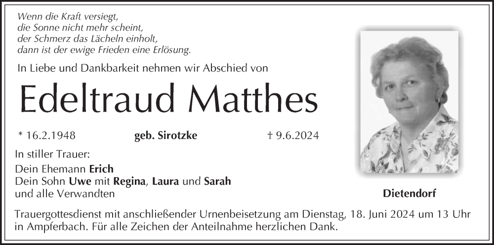  Traueranzeige für Edeltraud Matthes vom 15.06.2024 aus MGO