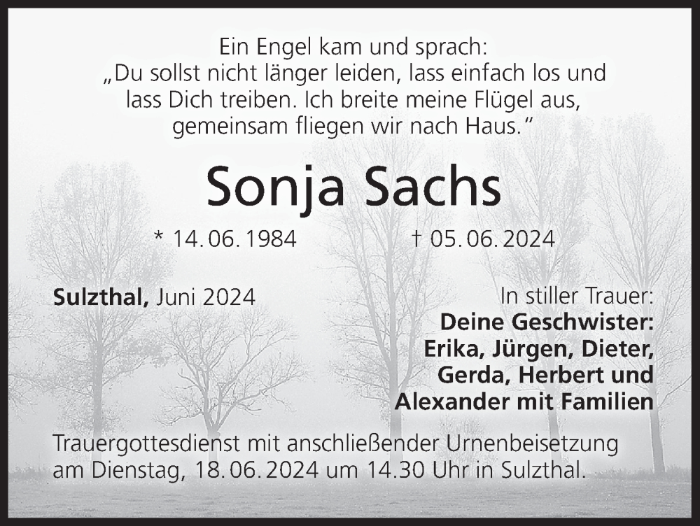  Traueranzeige für Sonja Sachs vom 15.06.2024 aus MGO