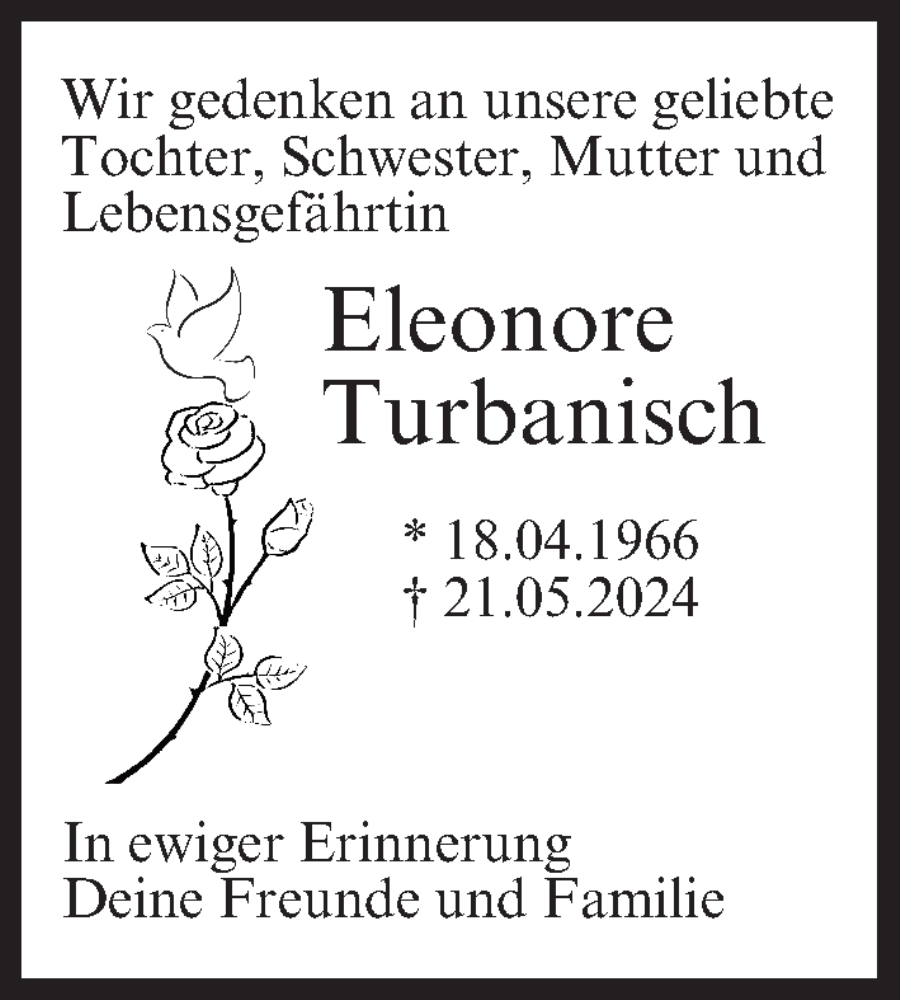  Traueranzeige für Eleonore Turbanisch vom 29.06.2024 aus MGO