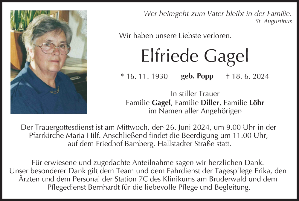  Traueranzeige für Elfriede Gagel vom 24.06.2024 aus MGO