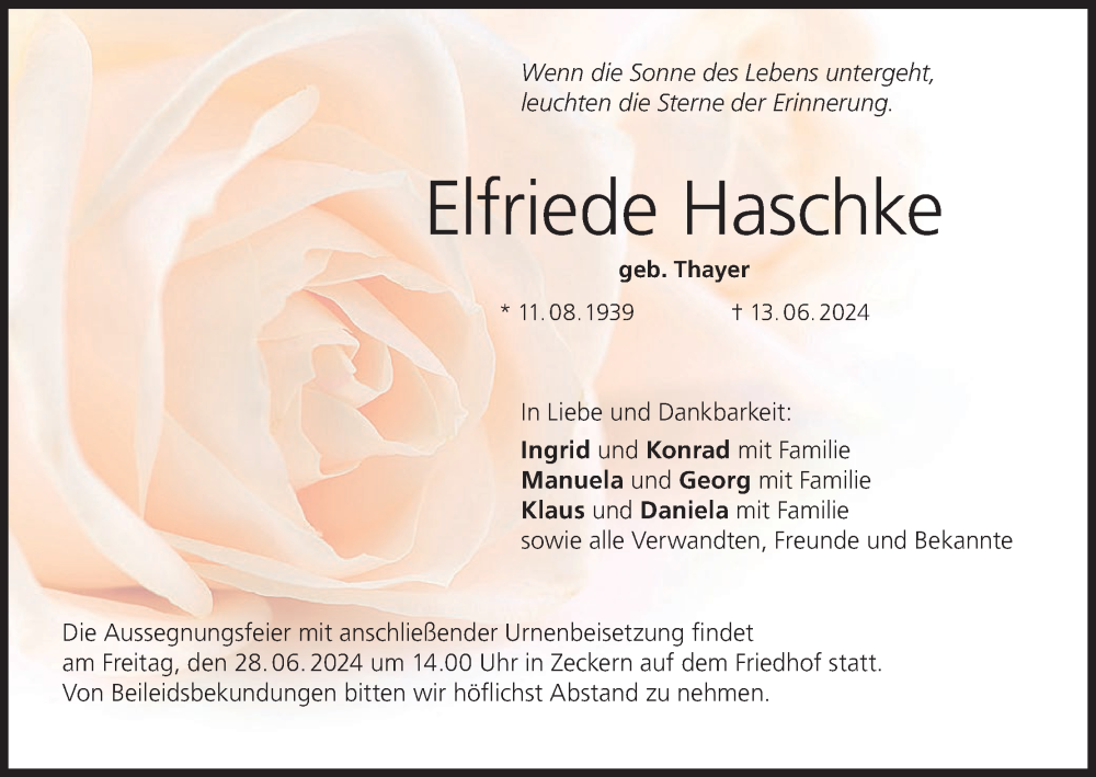 Traueranzeige für Elfriede Haschke vom 26.06.2024 aus MGO