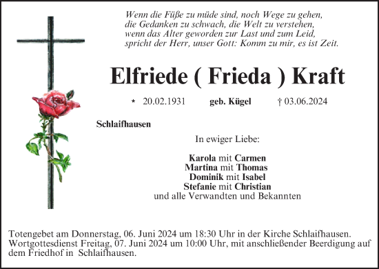 Anzeige von Elfriede Kraft von MGO
