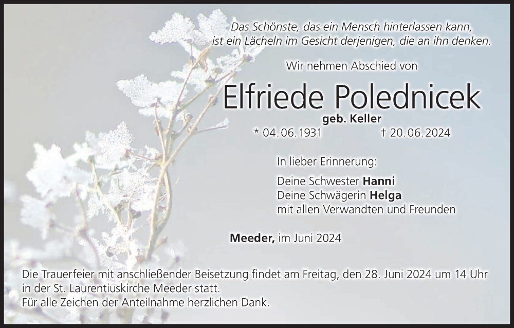  Traueranzeige für Elfriede Polednicek vom 25.06.2024 aus MGO