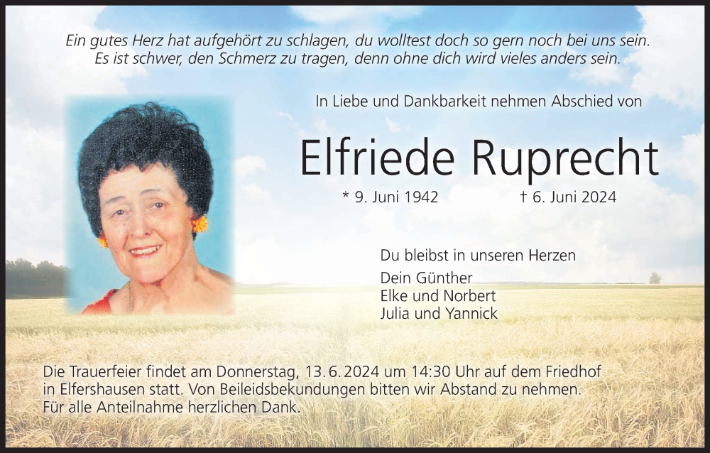  Traueranzeige für Elfriede Ruprecht vom 08.06.2024 aus MGO