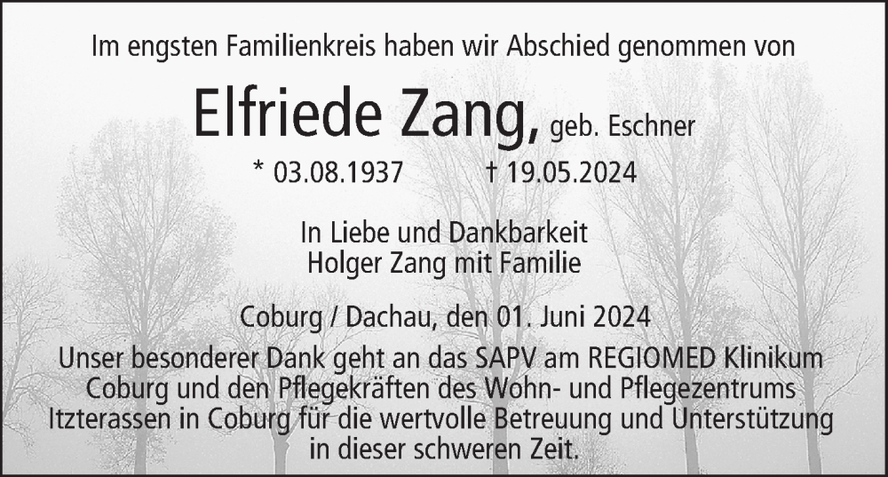  Traueranzeige für Elfriede Zang vom 01.06.2024 aus MGO