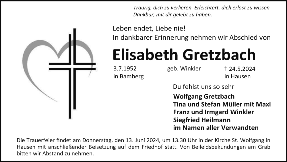  Traueranzeige für Elisabeth Gretzbach vom 08.06.2024 aus MGO
