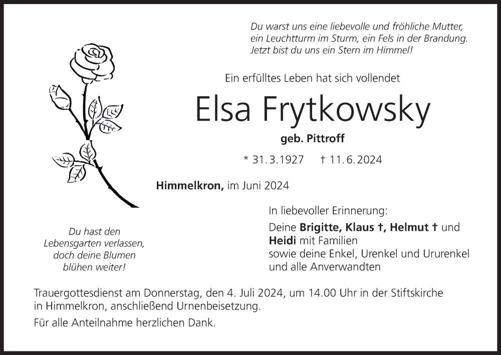  Traueranzeige für Elsa Frytkowsky vom 29.06.2024 aus MGO