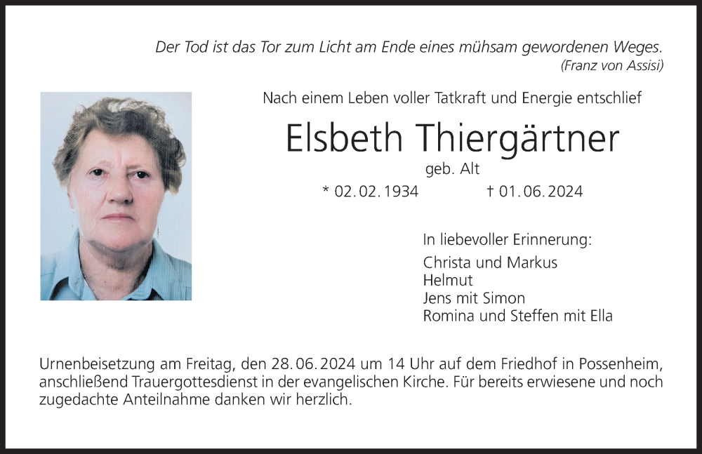  Traueranzeige für Elsbeth Thiergärtner vom 25.06.2024 aus MGO