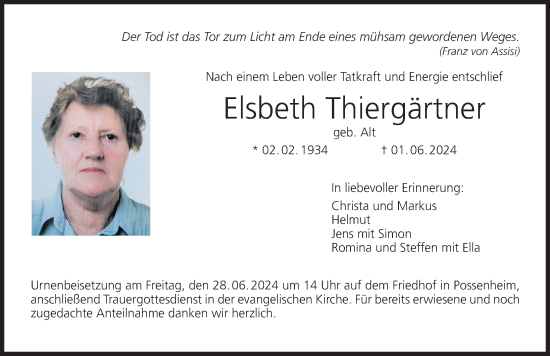 Anzeige von Elsbeth Thiergärtner von MGO