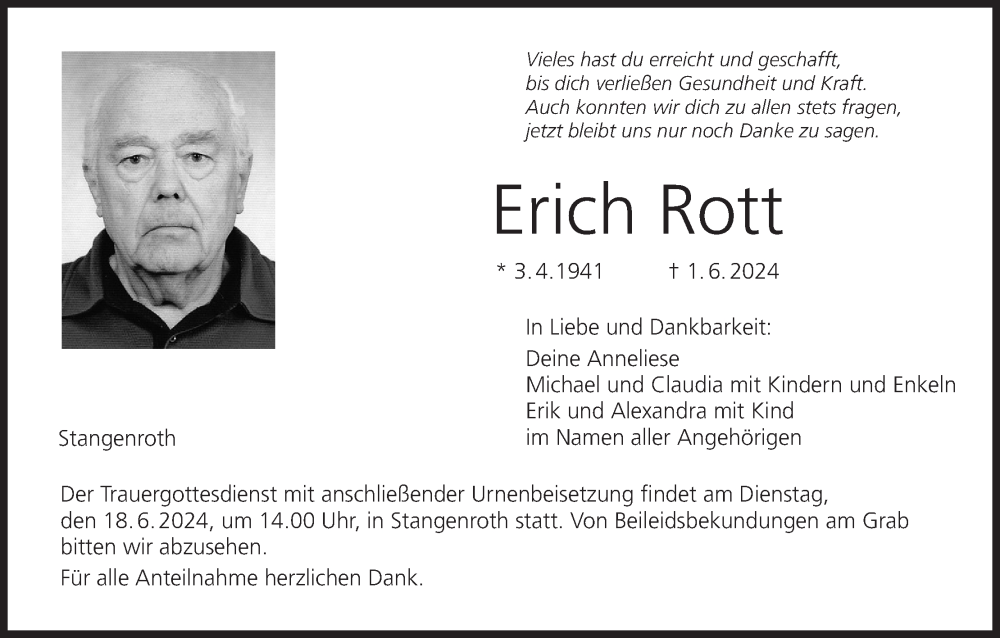  Traueranzeige für Erich Rott vom 15.06.2024 aus MGO