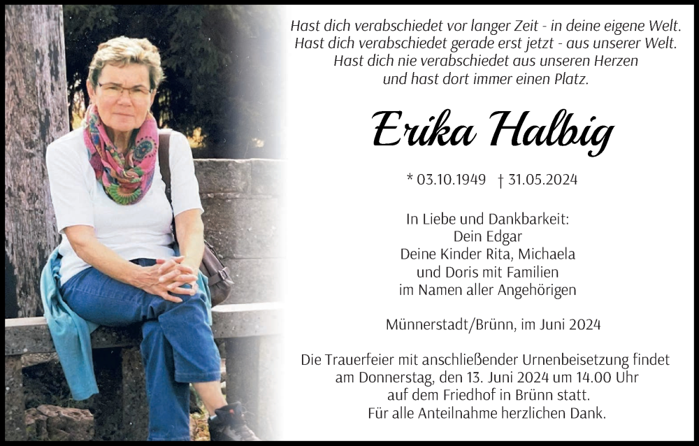  Traueranzeige für Erika Halbig vom 08.06.2024 aus MGO