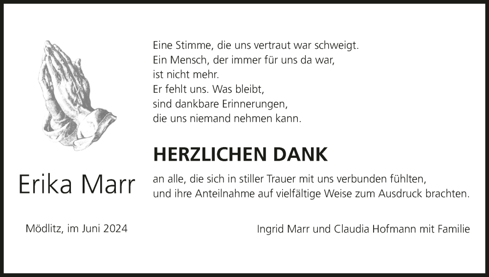  Traueranzeige für Erika Marr vom 01.06.2024 aus MGO