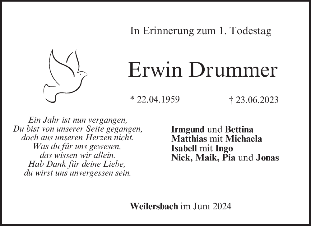  Traueranzeige für Erwin Drummer vom 22.06.2024 aus MGO