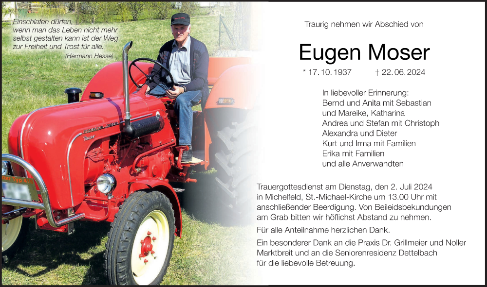  Traueranzeige für Eugen Moser vom 29.06.2024 aus MGO