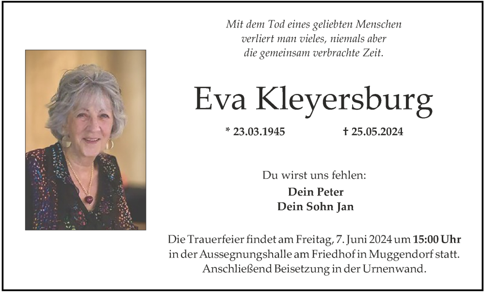  Traueranzeige für Eva Kleyersburg vom 05.06.2024 aus MGO