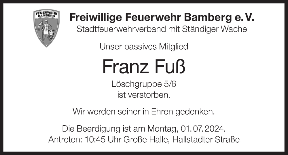  Traueranzeige für Franz Fuß vom 29.06.2024 aus MGO