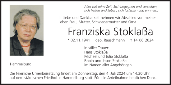 Anzeige von Franziska Stoklaßa von MGO
