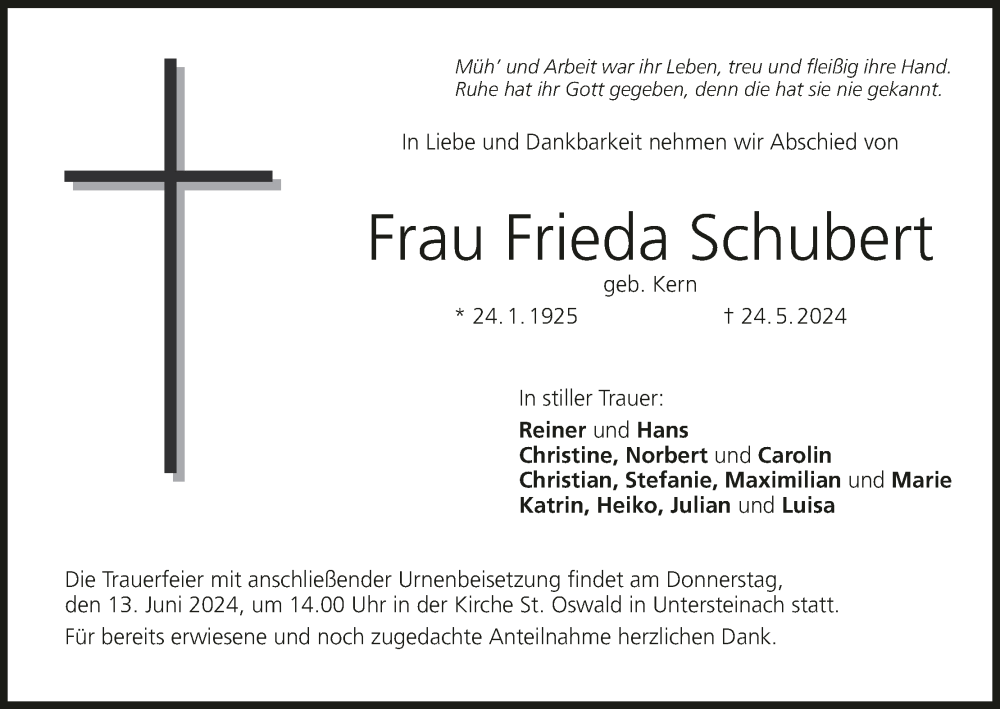  Traueranzeige für Frieda Schubert vom 08.06.2024 aus MGO