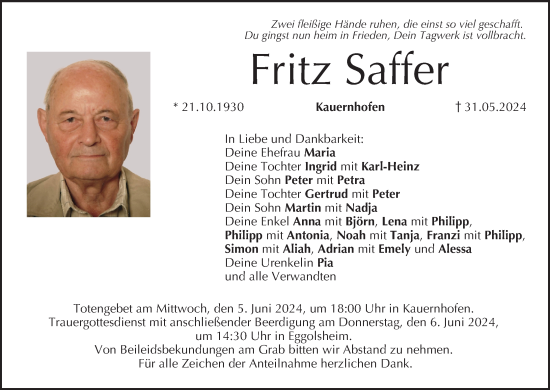 Anzeige von Fritz Saffer von MGO