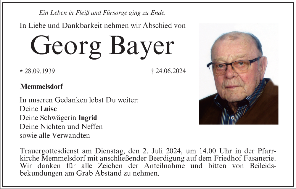  Traueranzeige für Georg Bayer vom 29.06.2024 aus MGO