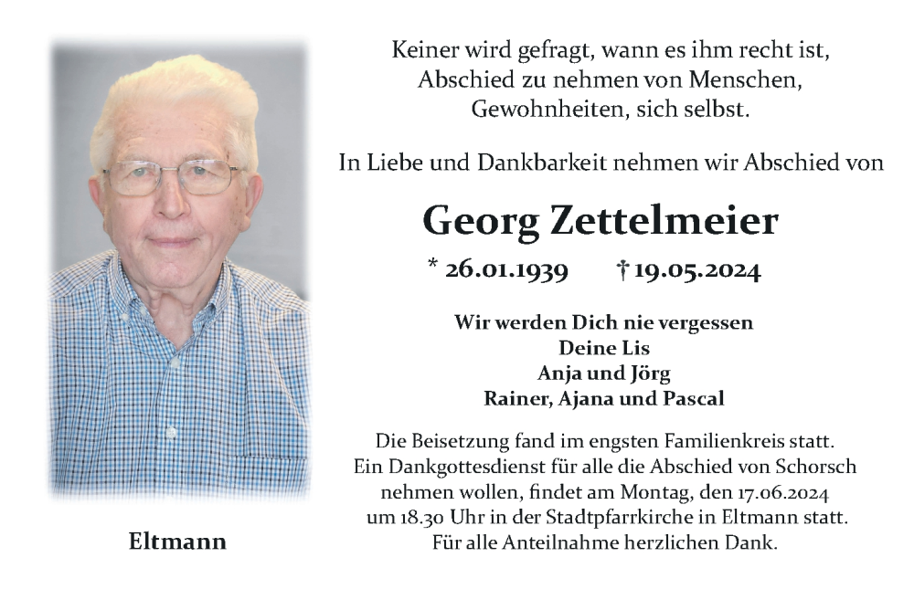  Traueranzeige für Georg Zettelmeier vom 15.06.2024 aus MGO