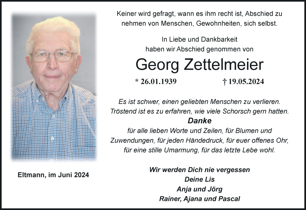  Traueranzeige für Georg Zettelmeier vom 22.06.2024 aus MGO