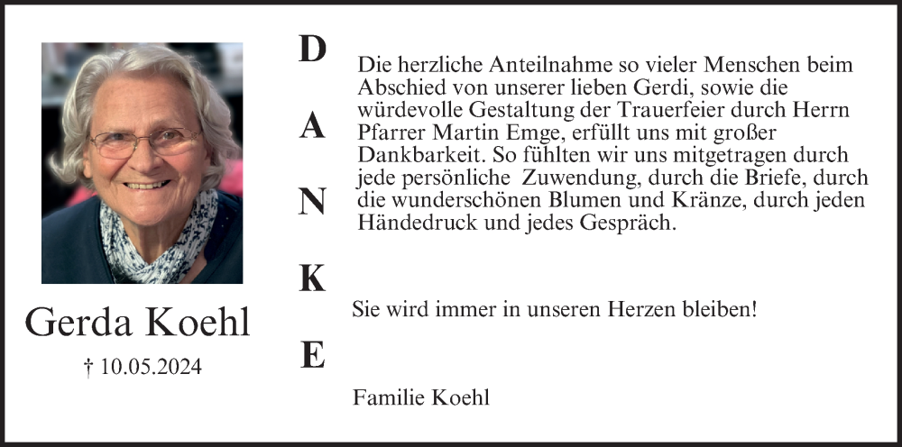  Traueranzeige für Gerda Koehl vom 22.06.2024 aus MGO