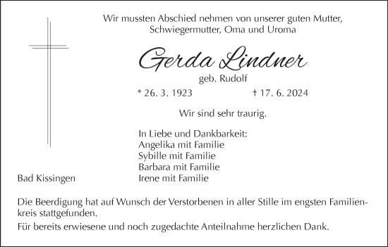 Anzeige von Gerda Lindner von MGO