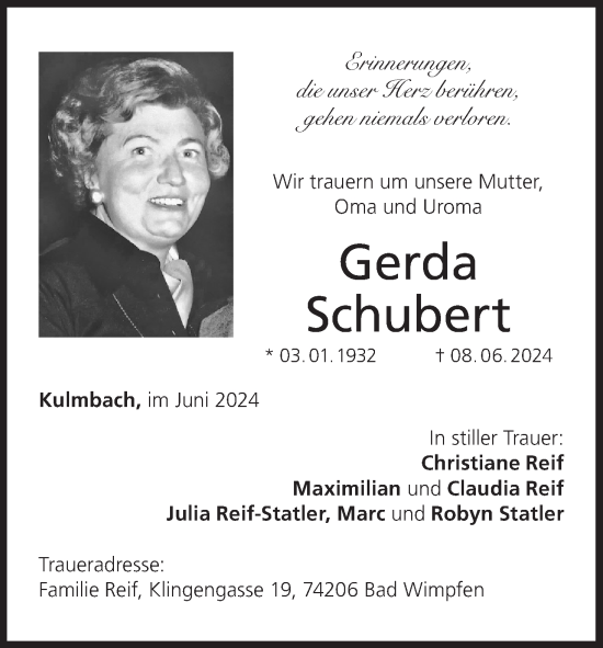 Anzeige von Gerda Schubert von MGO