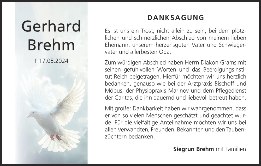  Traueranzeige für Gerhard Brehm vom 15.06.2024 aus MGO