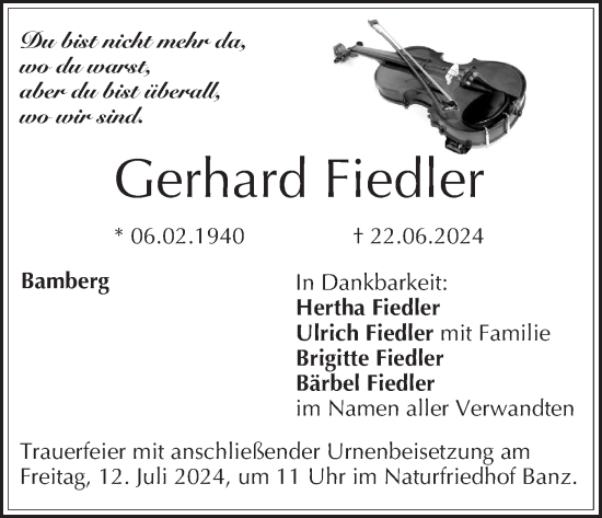 Anzeige von Gerhard Fiedler von MGO