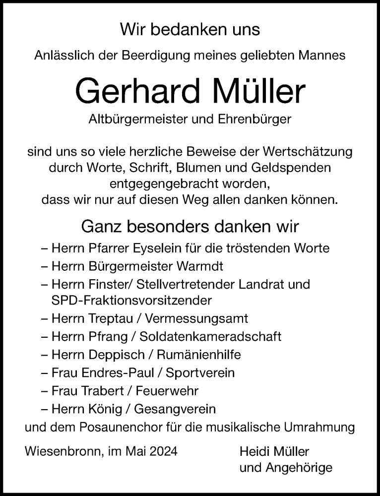  Traueranzeige für Gerhard Müller vom 08.06.2024 aus MGO