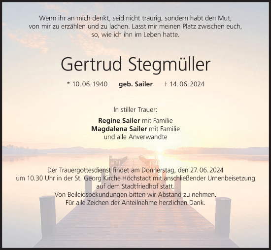 Anzeige von Gertrud Stegmüller von MGO