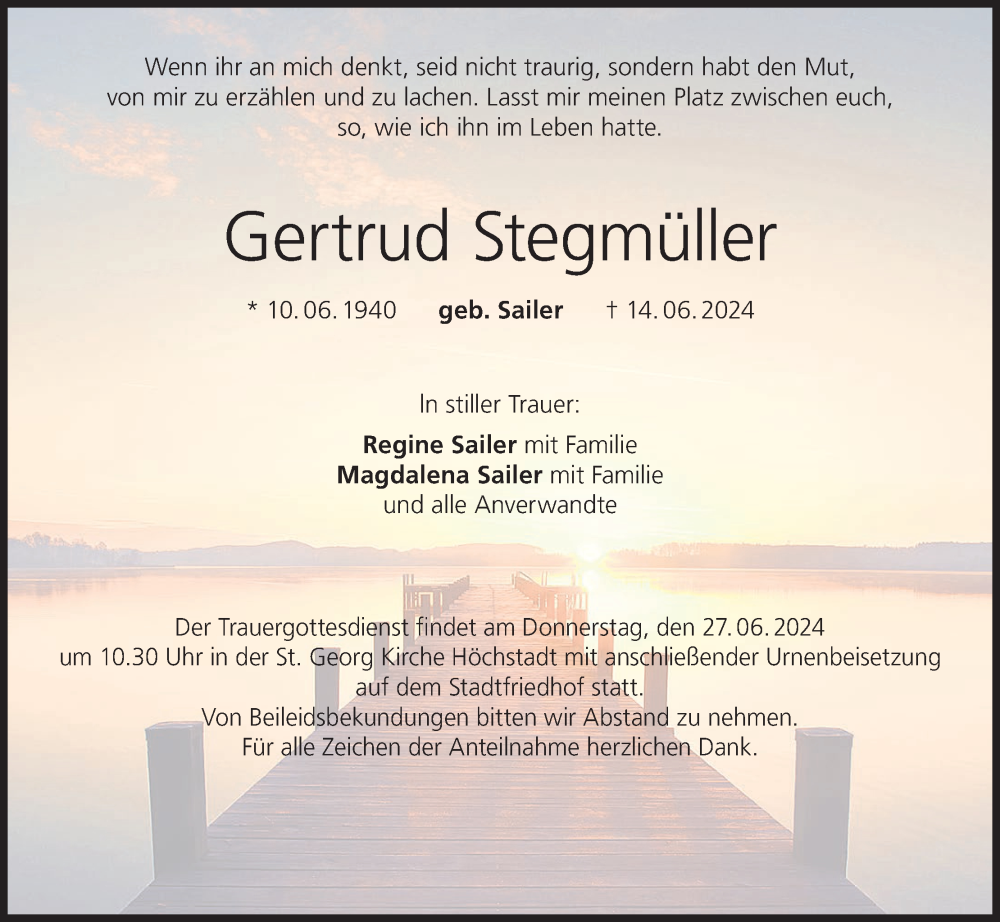  Traueranzeige für Gertrud Stegmüller vom 22.06.2024 aus MGO