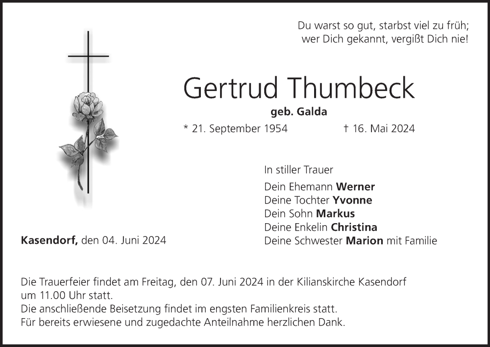  Traueranzeige für Gertrud Thumbeck vom 04.06.2024 aus MGO